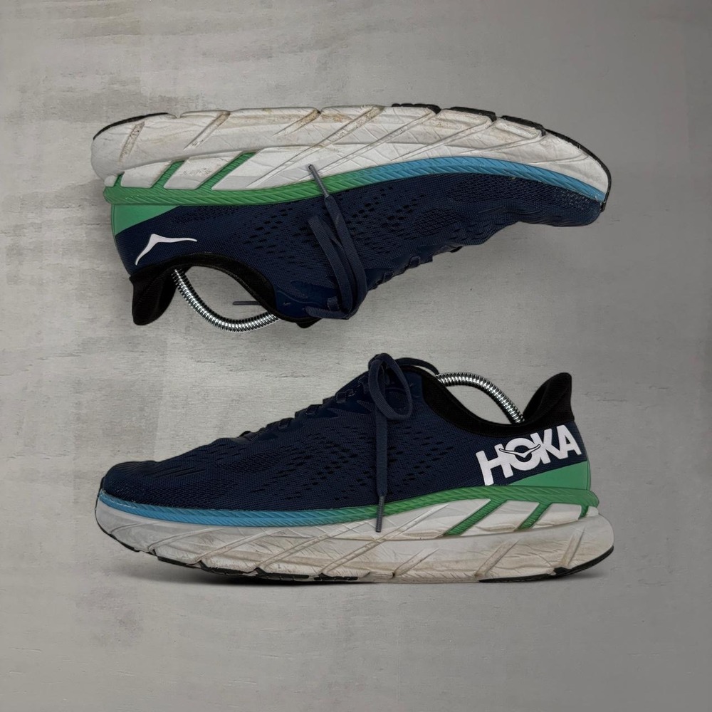Hoka One One Clifton 7 Navy Blue Green Running Shoes Wide 11 2E